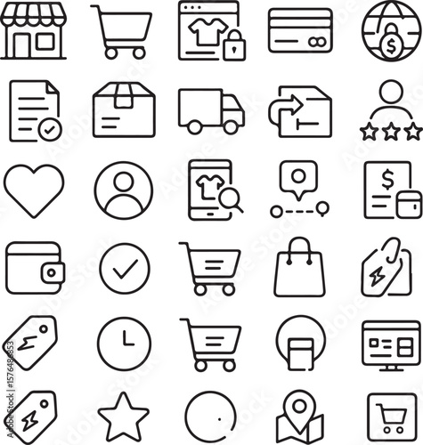 Collection of clean outline icons representing various aspects of online shopping and e commerce business operations and customer interactions
