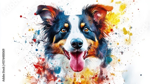 Watercolor portrait of a happy Border Collie dog with colorful splashes.