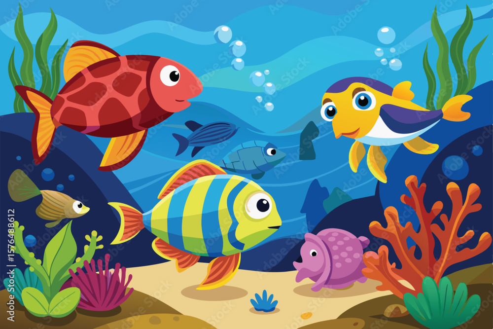 Fototapeta premium An illustrated underwater scene featuring colorful cartoon fish exploring a vibrant coral reef. Captivating and playful oceanic setting ideal for childrens content and educational materials.