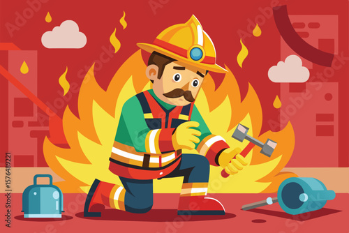 Colorful illustration depicting a firefighter courageously fighting a fire amidst blazing flames. The scene conveys bravery, emergency services, and heroism in action.