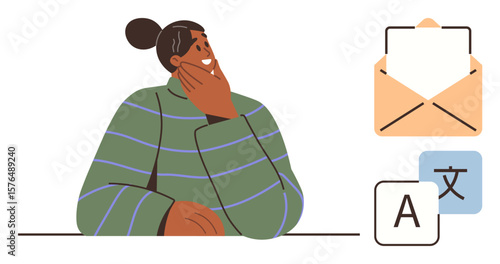 Person in reflective pose next to an envelope and language icons, suggesting multilingual communication. Ideal for translation, communication, education, messaging, culture, technology, simple flat