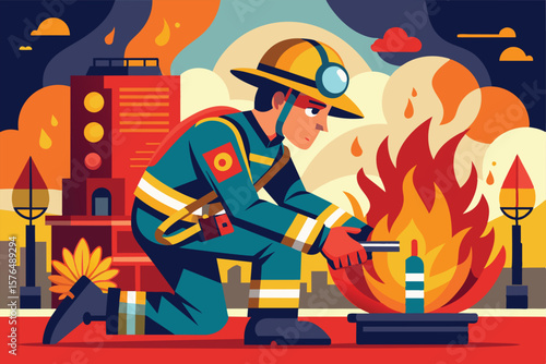 Colorful illustration of a firefighter in action, kneeling and battling flames in a city environment. Represents bravery, emergency response, and urban firefighting.
