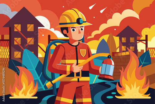 Colorful illustration of a firefighter heroically battling flames in a city setting, representing courage and emergency response. Perfect for safety, rescue, and emergency themed projects.