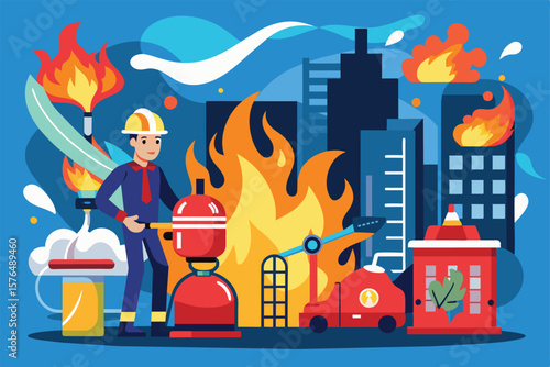A brave firefighter tackles a raging fire in a vibrant cityscape depicted in cartoon style. Buildings aflame and emergency equipment highlight the urgency and heroism in this dynamic scene.