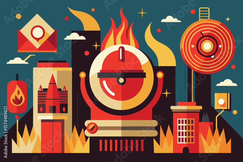 A vibrant, abstract illustration representing fire safety with bold, geometric shapes and rich colors. A unique fusion of modern design elements conveying safety, alertness, and futuristic themes.