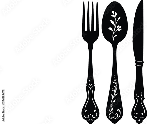 Elegant Black and White Silhouette of Vintage Cutlery Set