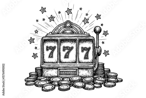 Vintage ink sketch illustration of a casino slot machine displaying the winning 777 combination three sevens, jackpot explosion with coins and cash bursting out