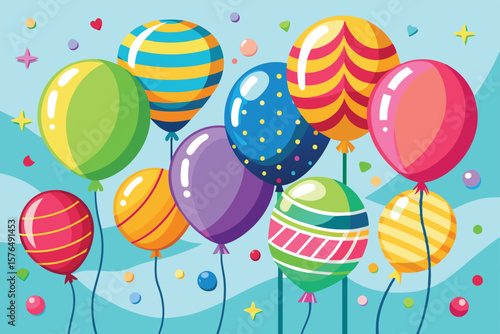 Vibrant illustration of colorful balloons floating against a celebratory background. Ideal for party themes, celebrations, and festive occasions. Includes various patterns and bright colors.