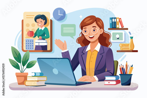 Illustration of a woman engaging in remote work, interacting online through a laptop. The scene emphasizes digital communication, productivity, and education in a home office setting.