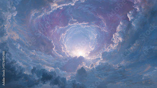 Stunning celestial view of a cloud tunnel with the bright sun in the center