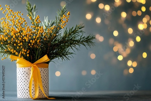 Bright Yellow Floral Arrangement in Polka Dot Vase With Festive Background Li...