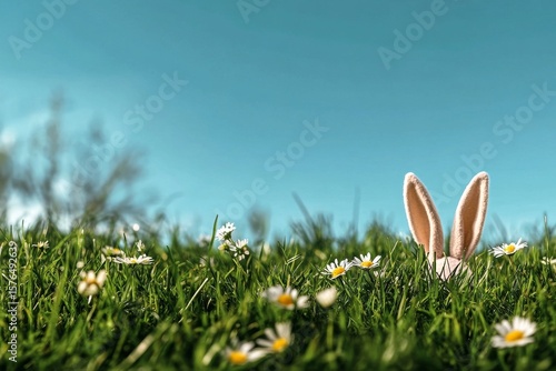 Rabbit Ears Peek out From Lush Green Grass Surrounded by Wildflowers on a Sun...