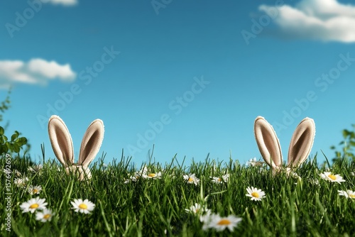 Bunny Ears Peeking Through Grass and Daisies Under a Clear Blue Sky