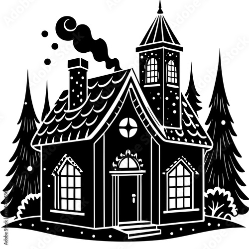 Whimsical black and white silhouette of a cozy winter cabin surrounded by trees