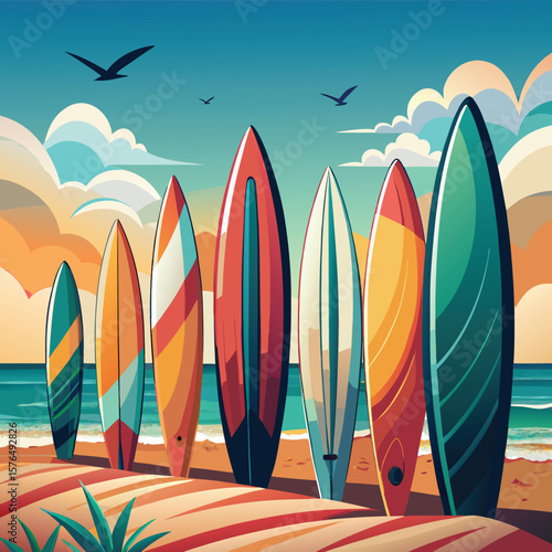 surf boards on the beach in vector illustration 