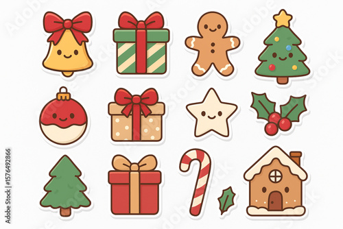 Cute Christmas Sticker Collection – Holiday Decorations, Gifts, Gingerbread and Trees in Vector Style