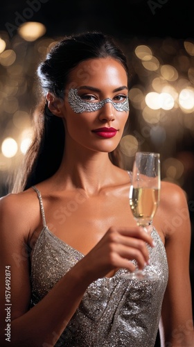 Elegant Woman in a Shimmering Dress Holding a Glass of Sparkling Drink at a F...