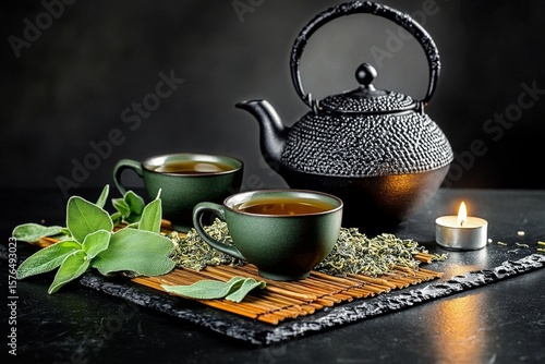 Warm Herbal Tea Served in Green Cups With a Traditional Teapot on a Bamboo Mat
