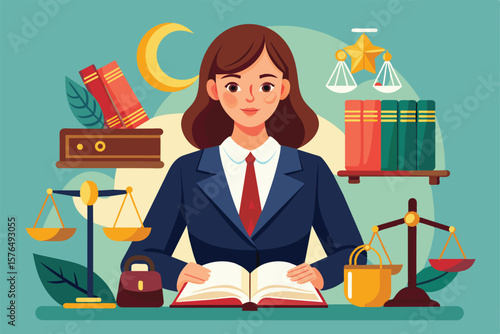A confident female lawyer seated with open book, surrounded by scales of justice, legal books, and other legal symbols, representing law and justice concepts in an illustrated style.