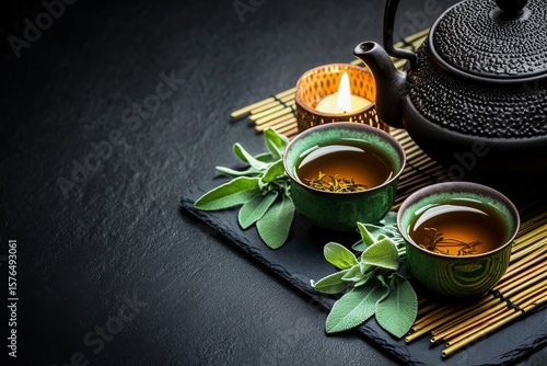 Brewing Herbal Tea in Traditional Teapot With Fresh Herbs on Slate Surface