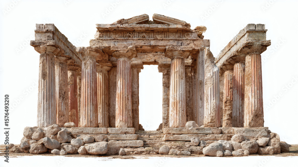 Fototapeta premium Weathered ancient temple ruins stand against a bright white backdrop, evoking history.