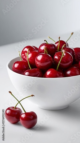 Fresh Red Cherries in a White Bowl With Two Cherries Placed Beside It on a Su...