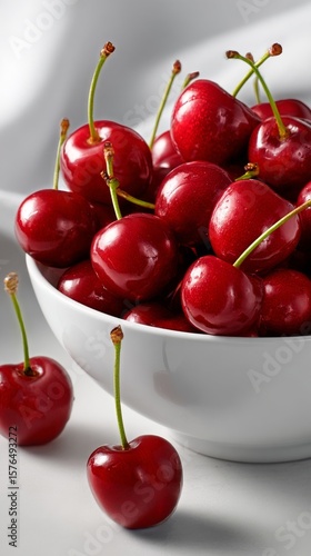 Fresh Cherries in a White Bowl Ready for a Sweet Treat or Dessert Preparation