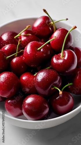 Fresh Red Cherries in a White Bowl With Two Cherries Placed Beside It on a Su...