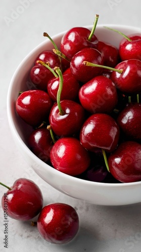 Fresh Cherries in a White Bowl Ready for a Sweet Treat or Dessert Preparation