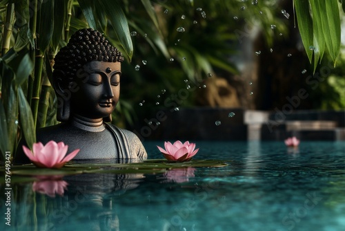 Serene Buddha Statue Surrounded by Lotus Flowers in Tranquil Water at a Peace...