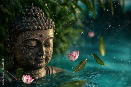 Buddha Statue Surrounded by Water Lilies and Petals in a Tranquil Garden Setting