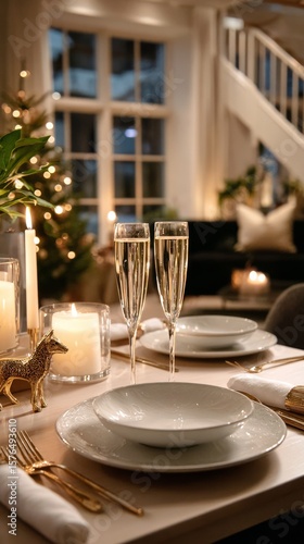 Elegant Table Setting With Champagne Glasses and Candles for a Festive Gather...