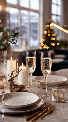 Elegant Table Setting With Champagne Glasses and Candles for a Festive Gather...