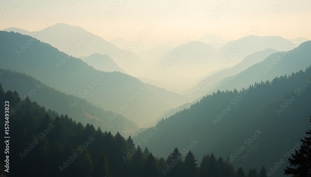 Exploring Foggy Mountain Valley Landscape with Forest and Layered Peaks Exploring Foggy Mountain Valley Landscape with Forest and Layered Peaks