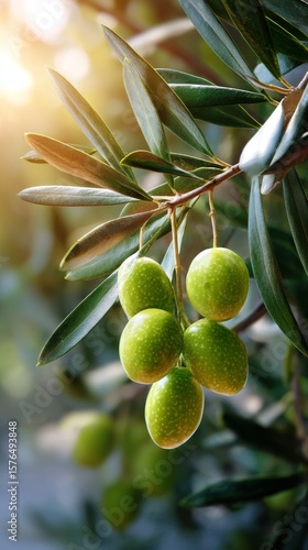 Olive Branch With Green Olives Illuminated by Sunlight in a Serene Setting