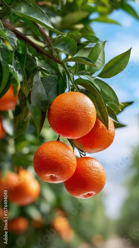 Fresh Oranges Hanging on a Vibrant Tree in a Sunny Orchard During Harvest Season