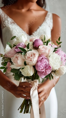Elegant Bridal Bouquet Features Peonies and Roses in Soft Pastel Colors for a...