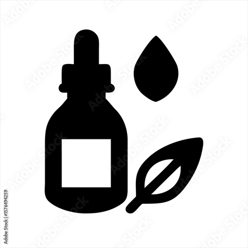 Essential oil bottle with leaf and drop silhouette vector illustration