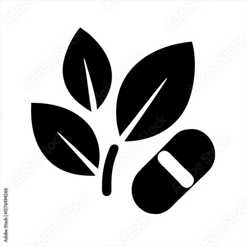 Leaves plant next to capsule medical treatment silhouette vector illustration