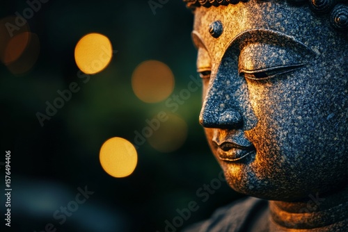 Serene Stone Buddha Sculpture Surrounded by Warm Glowing Lights in a Peaceful...