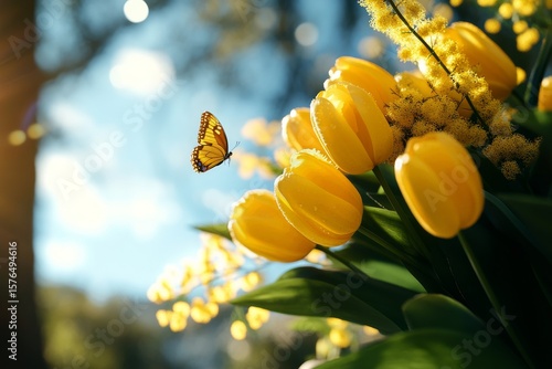Colorful Butterfly Flying Near Vibrant Yellow Tulips During Sunny Spring Afte...