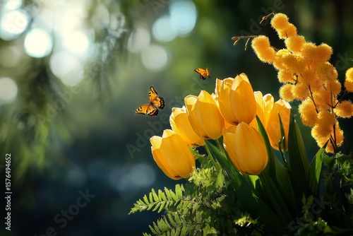 Colorful Butterfly Flying Near Vibrant Yellow Tulips During Sunny Spring Afte...