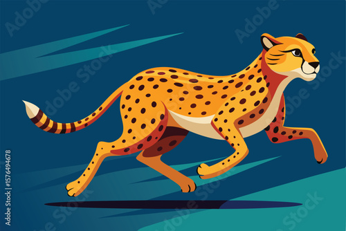 Colorful digital artwork showcasing a majestic cheetah running swiftly across a blue backdrop, capturing the essence of speed and elegance.