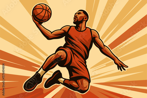 Dynamic basketball player jumping for slam dunk on vibrant radial background, vector illustration.