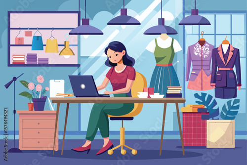 Illustration of a female freelancer focused on her laptop in a vibrant fashion design studio. The room is adorned with trendy outfits and creative decor, inspiring productivity and innovation.