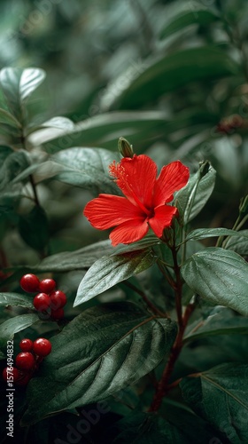 Bright Red Flower Blooming Amidst Lush Green Leaves in a Serene Garden Setting