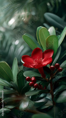 Bright Red Flower Blooming Among Lush Green Leaves in a Serene Garden Setting