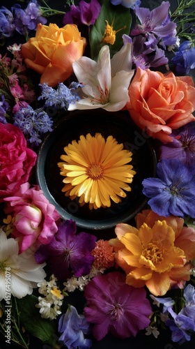 Colorful Floral Arrangement With Yellow Flower Surrounded by Various Blossoms...