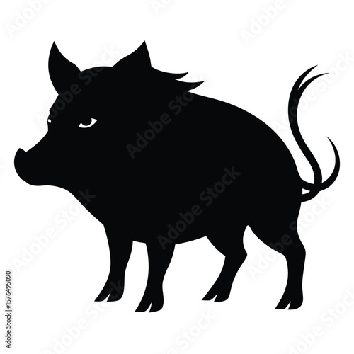 Black river hog silhouette with pointed ears and curly tail wild boar animal