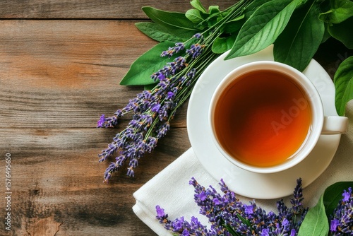 Relaxing Tea Experience With Lavender and Fresh Greens on Wooden Table